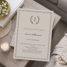 Convite Coroa de monograma neutra em taupe para aniversári