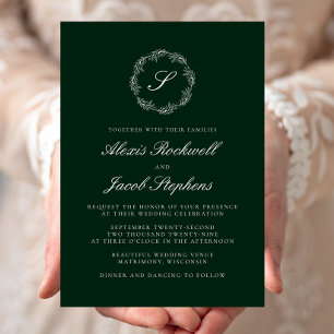 Convite Coroa de Monograma Verde Esmeralda Casamento Scrip