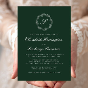 Convite Coroa de Monograma Verde Esmeralda Casamento Scrip