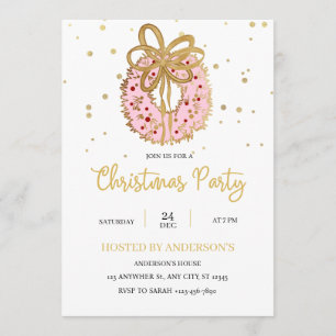 Convite Coroa de Natal Rosa Com laço dourado
