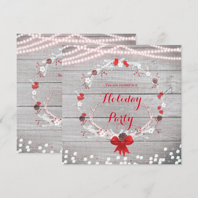 Convite Coroa de Natal Rústica com Galhada em Madeira Bran (Frente/Verso)