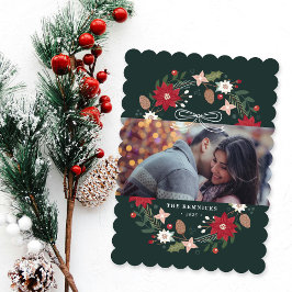 Convite Coroa de Natal Verde Carta de Foto Floral de Féria