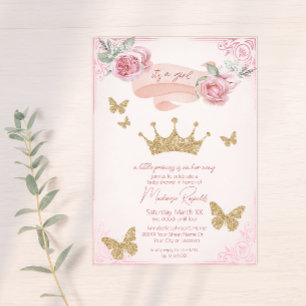 Convite Coroa de Ouro & Borboletas Princesa Chá de Bebê