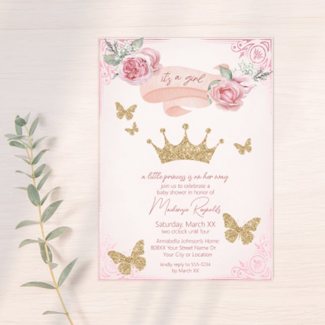 Convite Coroa de Ouro & Borboletas Princesa Chá de Bebê (Criador carregado)