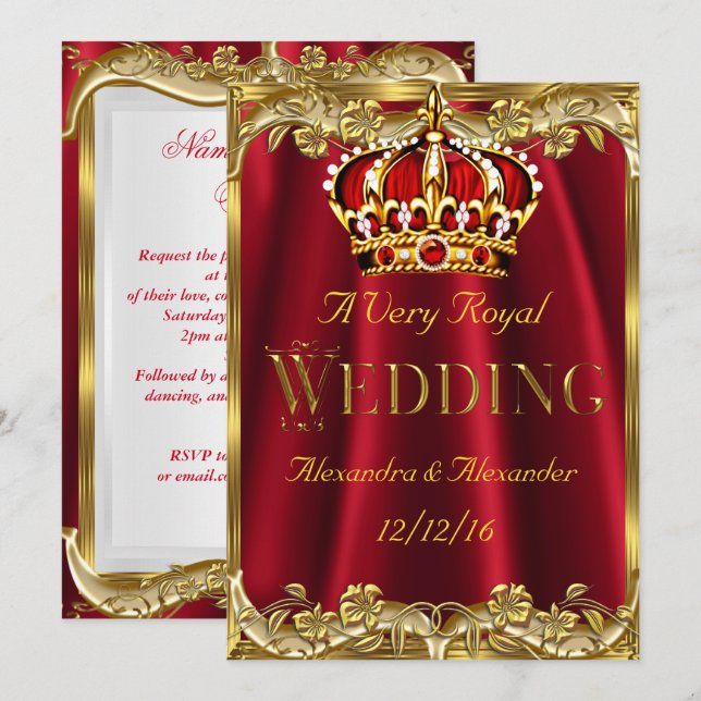 Convite Coroa de Ouro Casamento Vermelho Real (Frente/Verso)