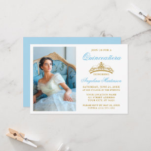 Convite Coroa de Ouro Elegante Foto Luz Azul Quinceanera