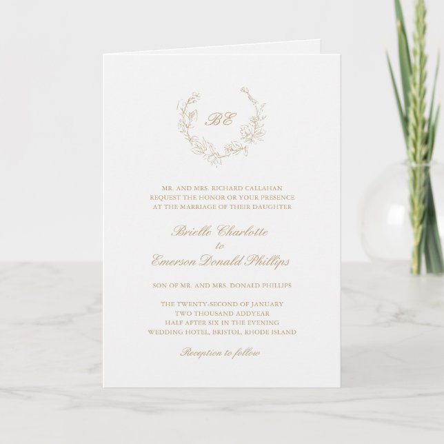 Convite Coroa de Ouro Monograma Elegante Casamento (Frente)
