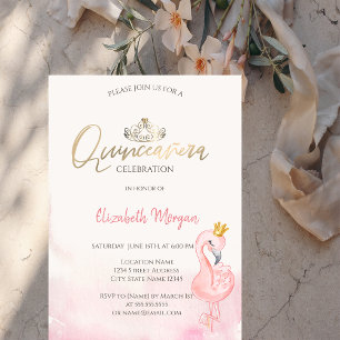 Convite Coroa de Ouro Pink Flamingos Quinceañera