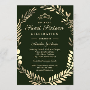 Convite Coroa de Ouro Verde Esmeralda Elegante Sweet Sixte