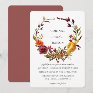 Convite Coroa de Outono com Aquarela Rústica para Casament