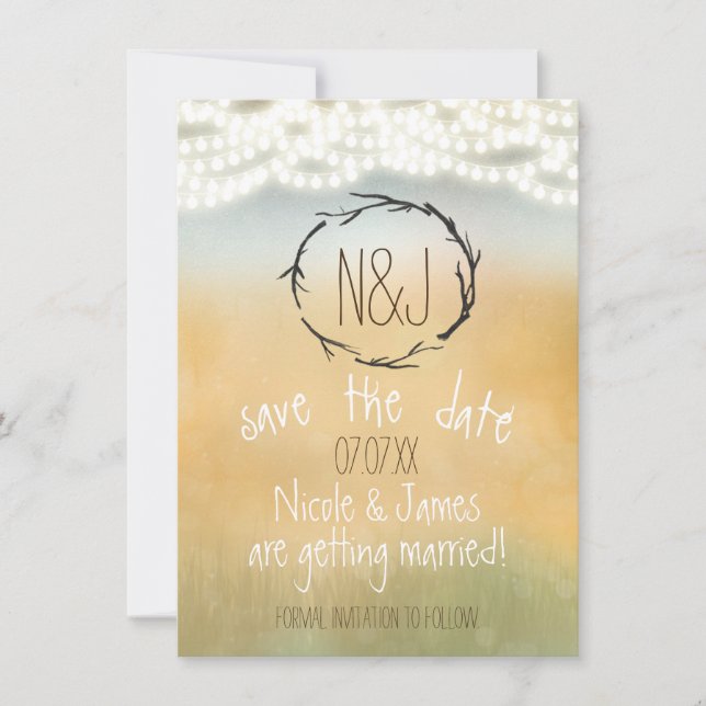 Convite Coroa de Paus Rústicos & Luzes de Natal Save The D (Frente)