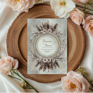 Convite Coroa de Penas Boho Rosa Floral Casamento