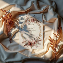 Convite Coroa de Penas Boho Rosa Floral Dourada Casamento