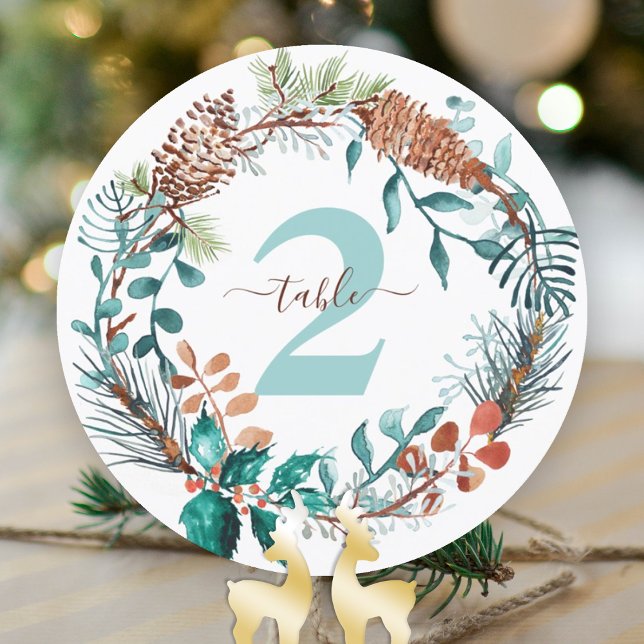 Convite Coroa de pinha de eucalipto pinheiro verde Número  (winter wedding rustic pine needles eucalyptus table numbers table top sign pinecones green brown)