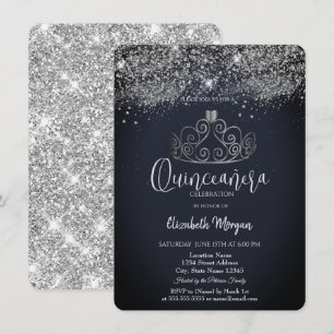 Convite Coroa de Prata Confetes Azul Escuro Quinceañera