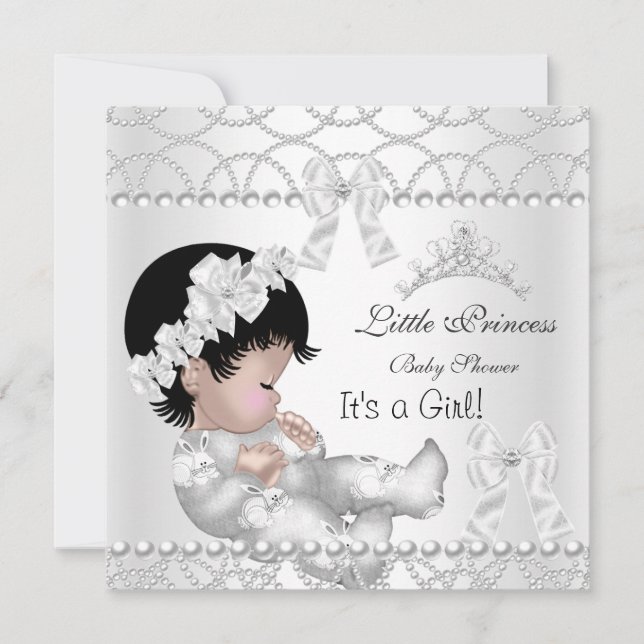 Convite Coroa de Princesa Baby Shower Menina Prata Branco  (Frente)