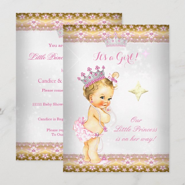 Convite Coroa de Princesa Baby Shower Rosa Branco Dourado  (Frente/Verso)
