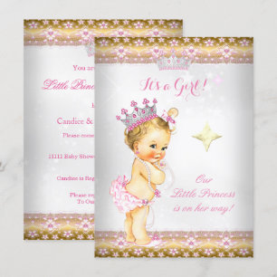 Convite Coroa de Princesa Baby Shower Rosa Branco Dourado