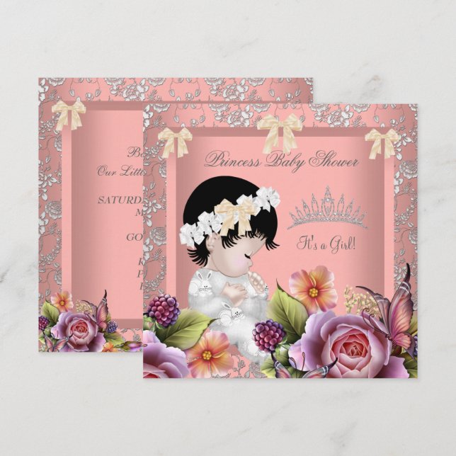 Convite Coroa de Princesa Bebê Menina Rosa Coral Rosa Tiar (Frente/Verso)