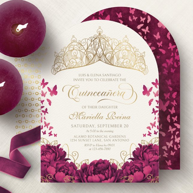 Convite Coroa de Princesa Borgonha Borboletas Quinceanera (Criador carregado)
