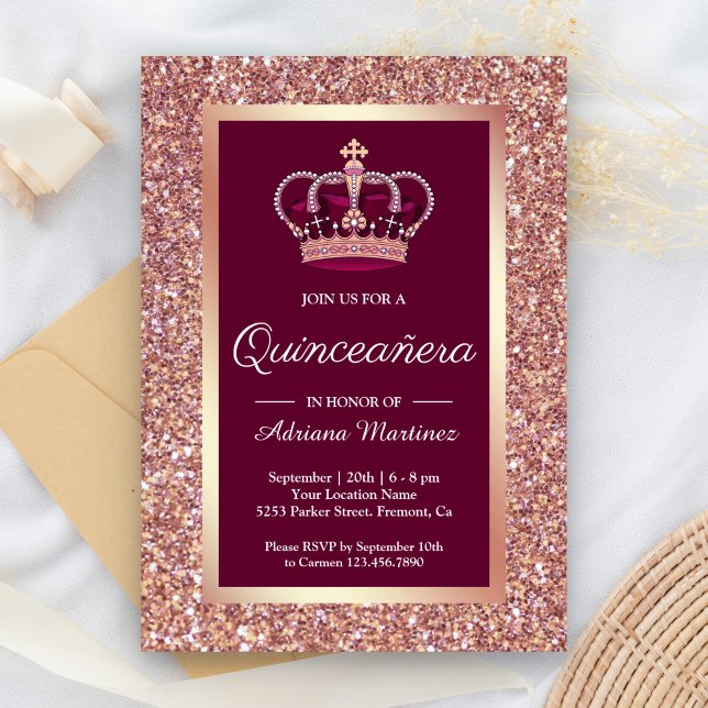 Convite Coroa de Princesa Brilho Dourado Rosa Quinceanera (Criador carregado)