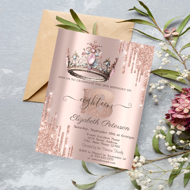Convite Coroa de Princesa Brilho Gotas Dourado Rosa 18º  (Criador carregado)