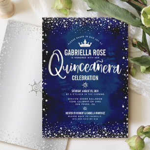 Convite Coroa de Princesa Brilho Prata Navy Quinceañera