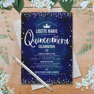 Convite Coroa de Princesa Brilho Prata Navy Quinceañera