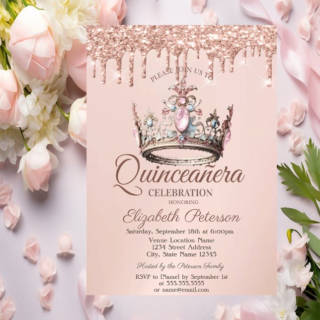 Convite Coroa de Princesa Castelo Rosa Dourado Gotas Quinc (Criador carregado)