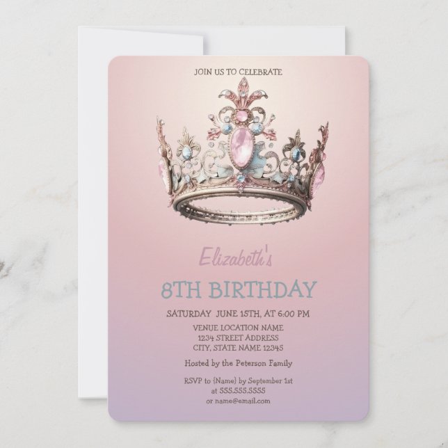 Convite Coroa de Princesa Chic Glitter Aniversário  (Frente)