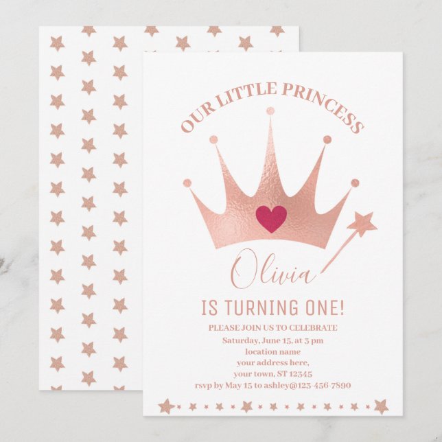 Convite Coroa de Princesa com Purpurina Rosa Aquarela Aniv (Frente/Verso)