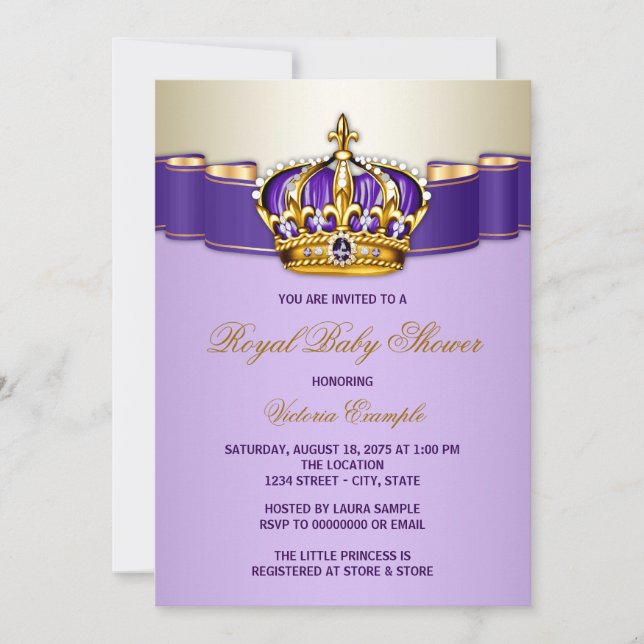 Convite Coroa de Princesa de Ouro Roxo Baby Shower (Frente)