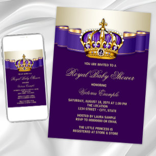 Convite Coroa de Princesa de Ouro Roxo Baby Shower