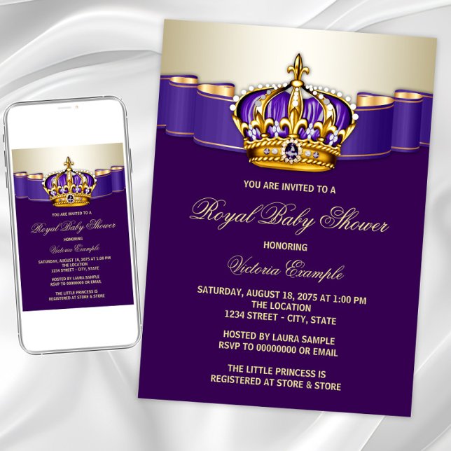 Convite Coroa de Princesa de Ouro Roxo Baby Shower (Purple gold princess any event invitation. Instant download and printed invitations available.)