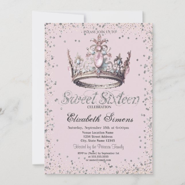 Convite Coroa de Princesa Elegante Diamantes Confetes Doce (Frente)