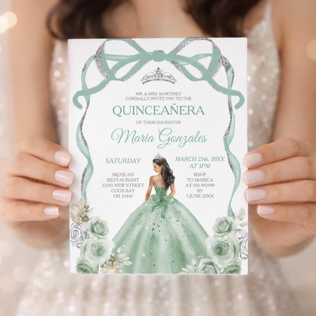 Convite Coroa de Princesa em Verde Salvia Prata Quinceañer (Criador carregado)