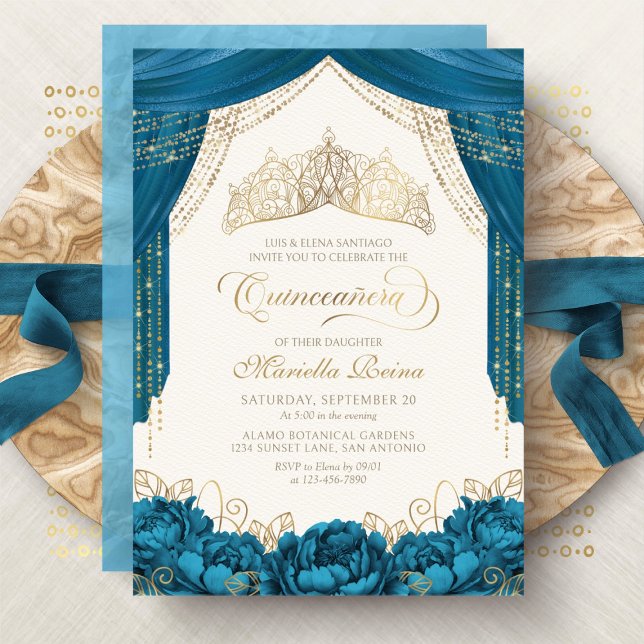Convite Coroa de Princesa Floral Teal Quinceanera (Criador carregado)