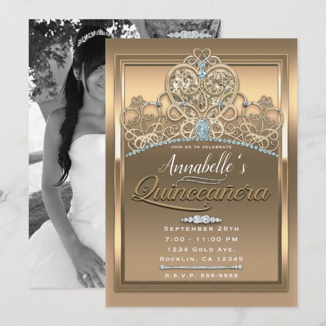 Convite Coroa de Princesa Glamour Dourada Coração Quinceañ (Frente/Verso)