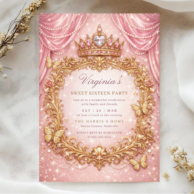 Convite Coroa de Princesa Luxo Rosa Dourado Aniversário de (Criador carregado)