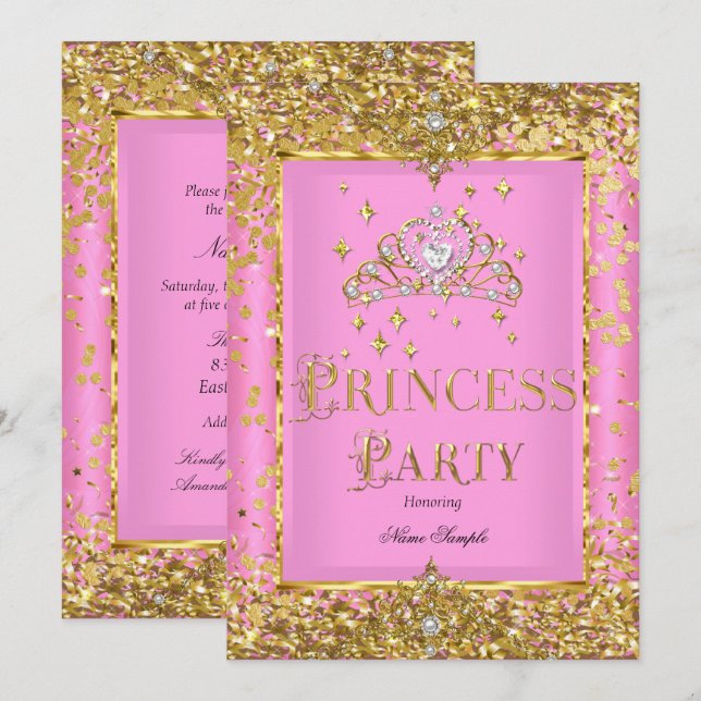 Convite Coroa de Princesa para Festa de Aniversário Rosa D (Frente/Verso)