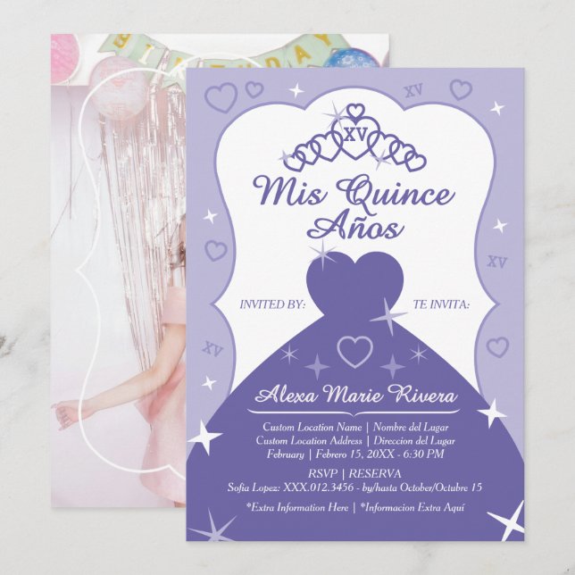 Convite Coroa de Princesa Quinceanera Brilho Foto (Frente/Verso)