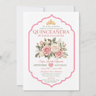 Convite Coroa de Princesa Quinceañera Floral Rosa Elegante