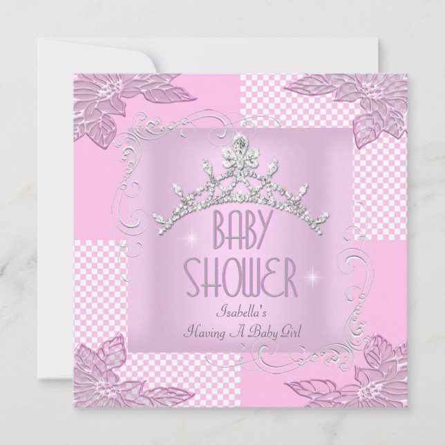 Convite Coroa de Princesa Rosa Branca para Chás de Bebê Me (Frente)
