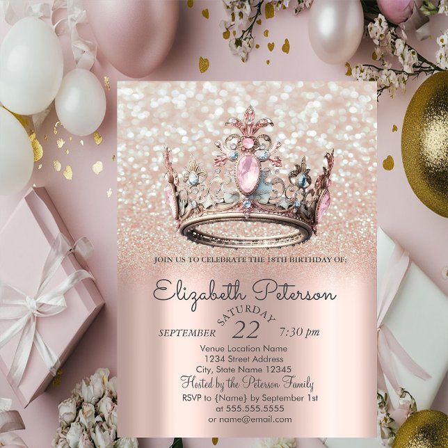Convite Coroa de Princesa Rosa Dourado Bokeh Aniversário d (Criador carregado)