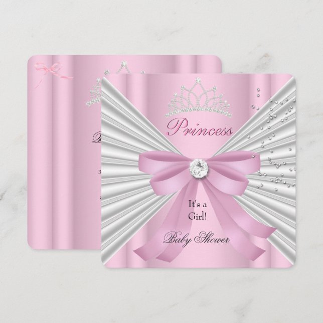 Convite Coroa de Princesa Rosa e Branco para Chás de Bebê  (Frente/Verso)