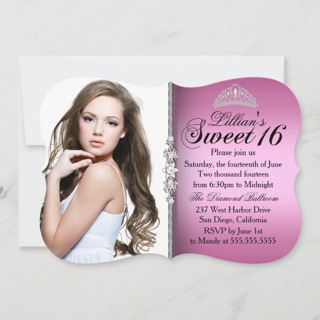 Convite Coroa de Princesa Rosa e Preta Sweet 16 Aniversári (Frente)