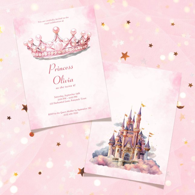 Convite Coroa de Princesa Rosa Festa de Aniversário Conto  (Pink Princess Tiara Fairytale Birthday Party Invitation)