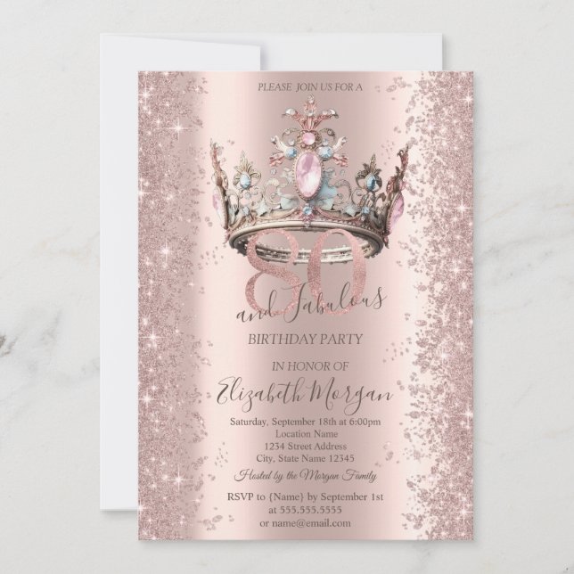 Convite Coroa de Princesa Rosê Dourado Brilho Diamantes 80 (Frente)