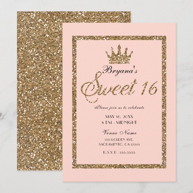 Convite Coroa de Princesa Sweet 16 com Purpurina Dourada B (Frente/Verso)