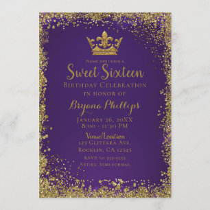 Convite Coroa de Purpurina Roxa e Dourada Festa Sweet 16